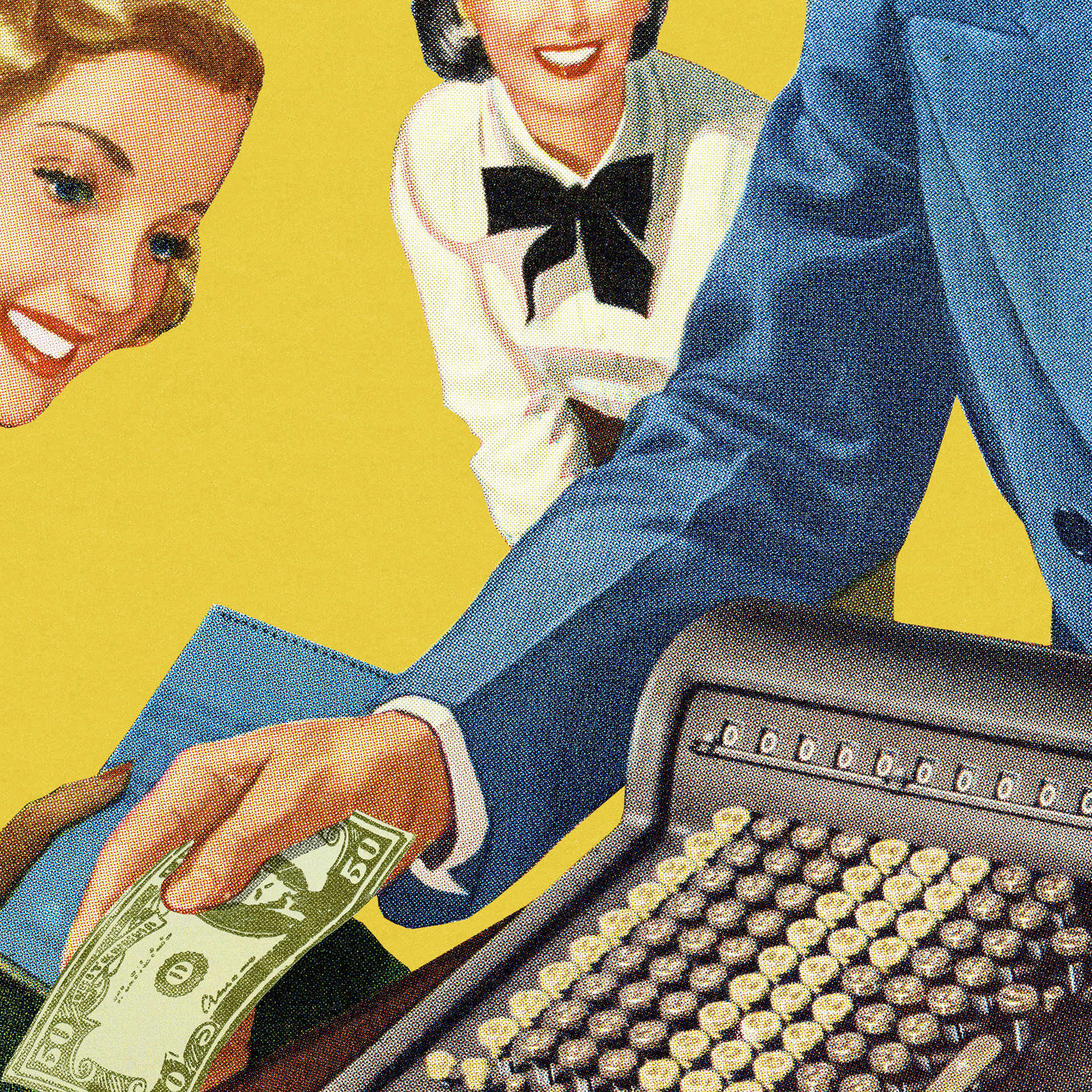 People With Adding Machine and Money A billing manager in an illustrated vintage fashion