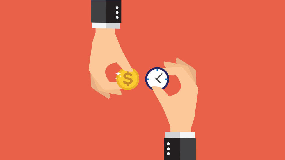An illustration of time-based billing featuring two hands adjoining a small clock and a dollar coin.