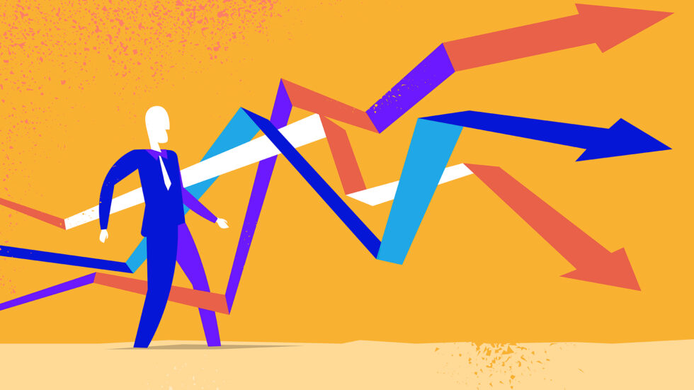 Business partner settlement represented by a businessman managing a set of moving arrows (partners).