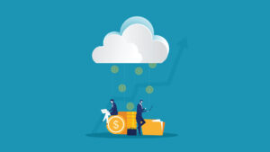 Businesses profiting from their SaaS product conceptualized by dollar coins raining down on them from a cloud.